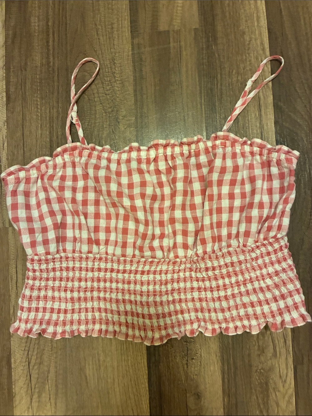 American Eagle Outfitters Pink and White Gingham Smocked Crop Top- Size Medium